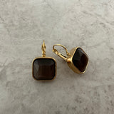 Square Stone Drop Earrings - Amber