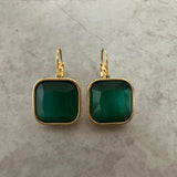 Square Stone Drop Earrings - Green