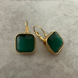Square Stone Drop Earrings - Green